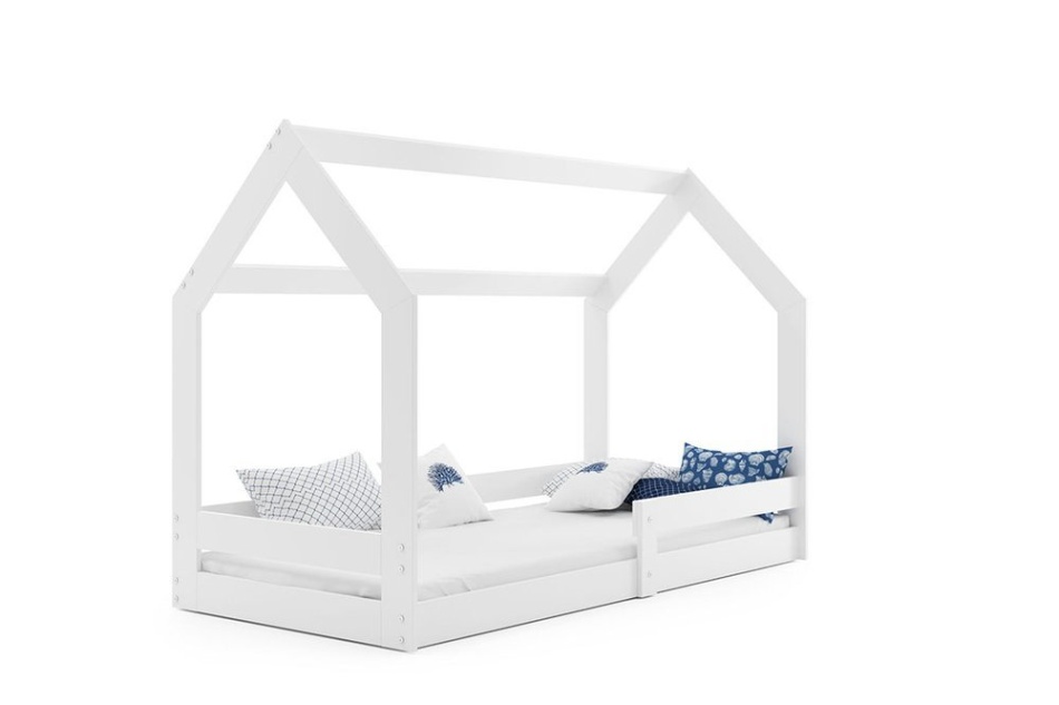  Białe łóżko w kształcie domku materac 80x190 cm na białym tle.
