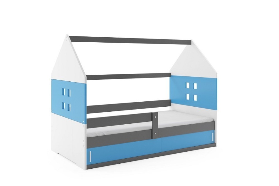 Łóżko szaro-niebieskie w kształcie domku z okienkami.
