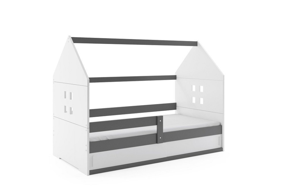 Łóżko biało-szare w kształcie domku z okienkami.