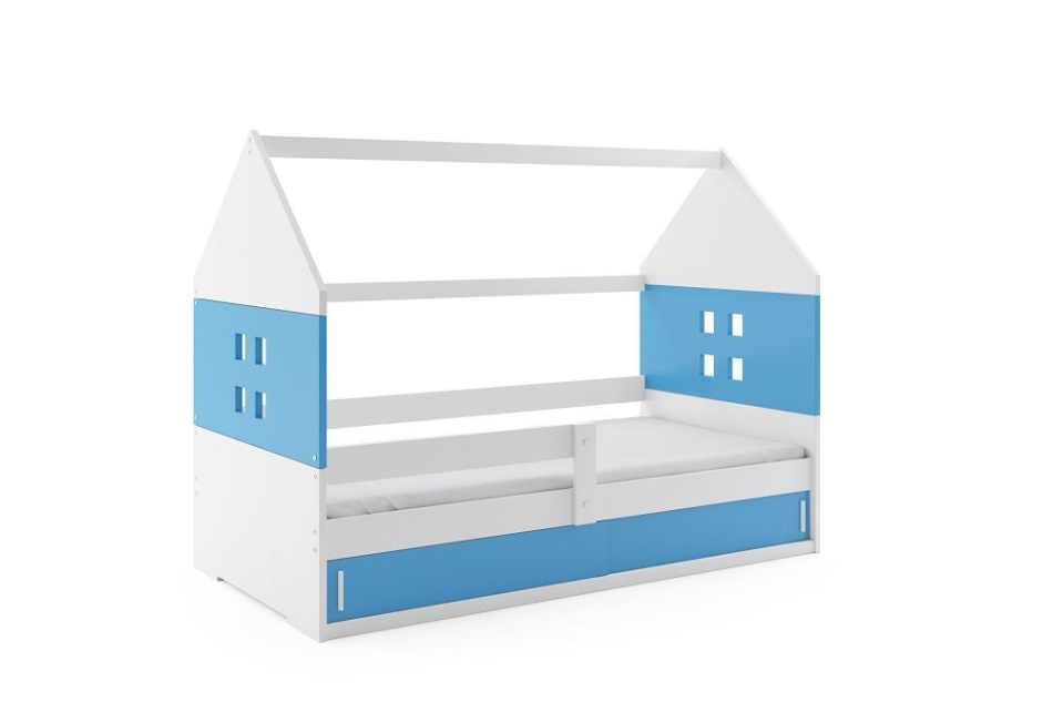 Łóżko biało-niebieskie w kształcie domku z okienkami.