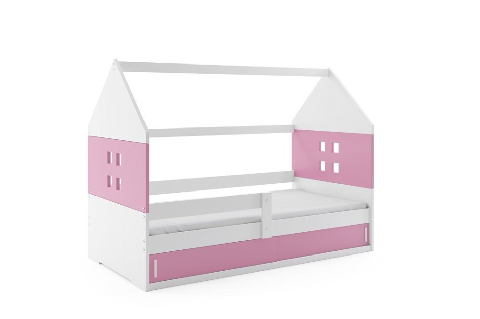 Łóżko biało-różowe w kształcie domku z okienkami.