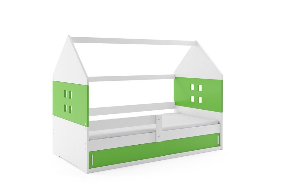 Łóżko biało-zielone w kształcie domku z okienkami.