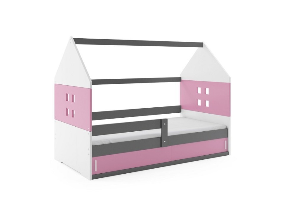 Łóżko szaro-różowe w kształcie domku z okienkami.