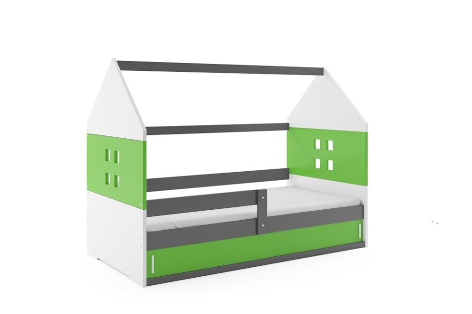Łóżko szaro-zielone w kształcie domku z okienkami.
