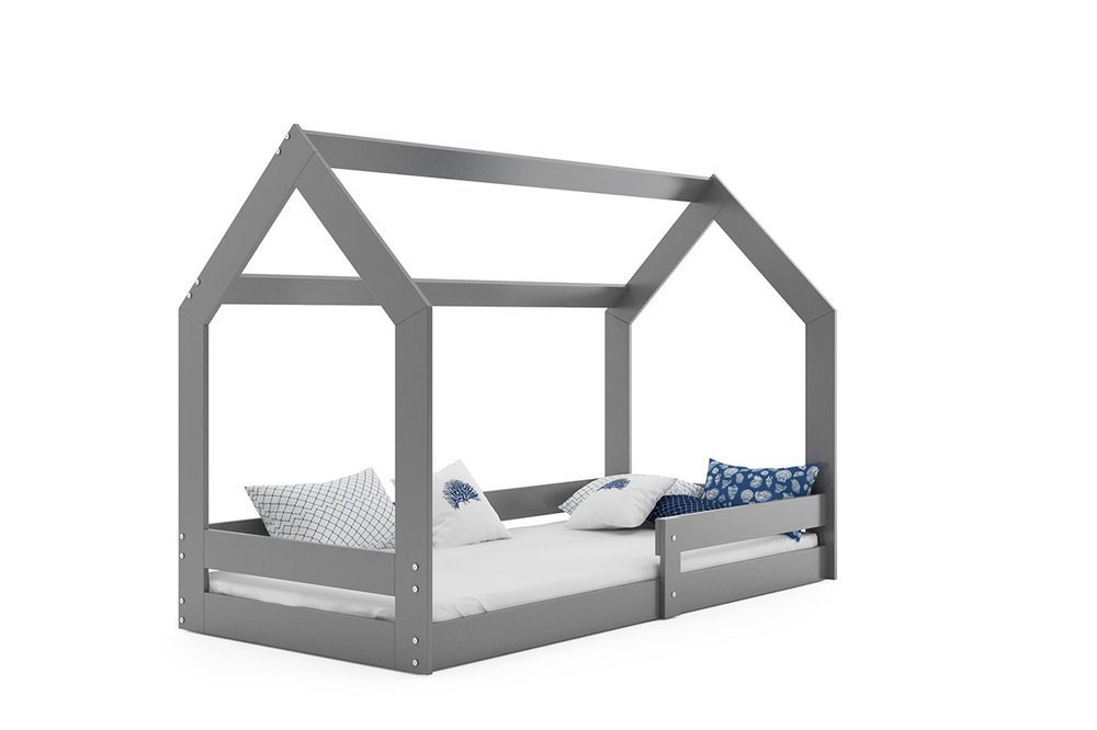  Szare łóżko w kształcie domku materac 80x190 cm na białym tle.