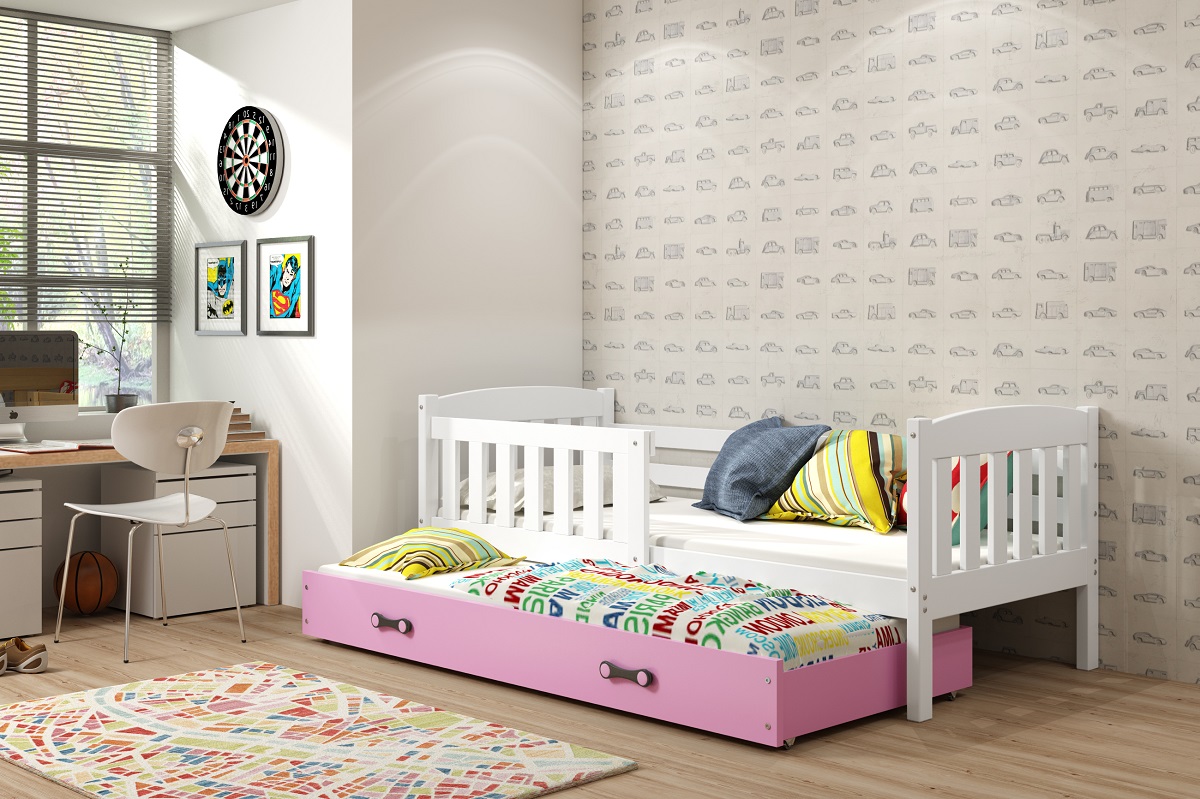 Dwuosobowe łóżko Nino z wysuwanym materacem różowa szuflada.