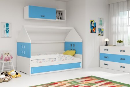 Wygodne łóżko dziecięce Domek 80x160 cm z materacem w kolorze biały + niebieski