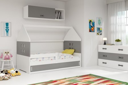 Wygodne łóżko dziecięce Domek 80x160 cm z materacem w kolorze biały + szary