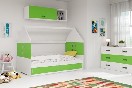 Wygodne łóżko dziecięce Domek 80x160 cm z materacem w kolorze biały + zielony
