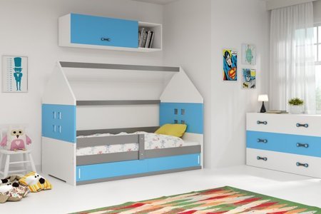 Wygodne łóżko dziecięce Domek 80x160 cm z materacem w kolorze szary + biały + niebieski