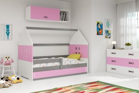 Wygodne łóżko dziecięce Domek 80x160 cm z materacem w kolorze szary + biały + różowy