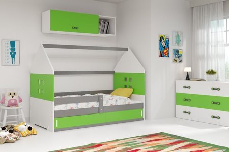 Wygodne łóżko dziecięce Domek 80x160 cm z materacem w kolorze szary + biały + zielony